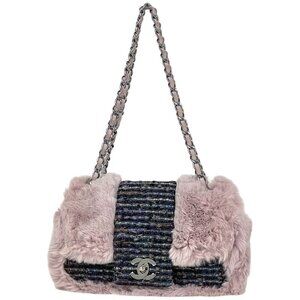 Chanel CC Logo Chain Shoulder Bag Tweed Rabbit Fur Pink Black